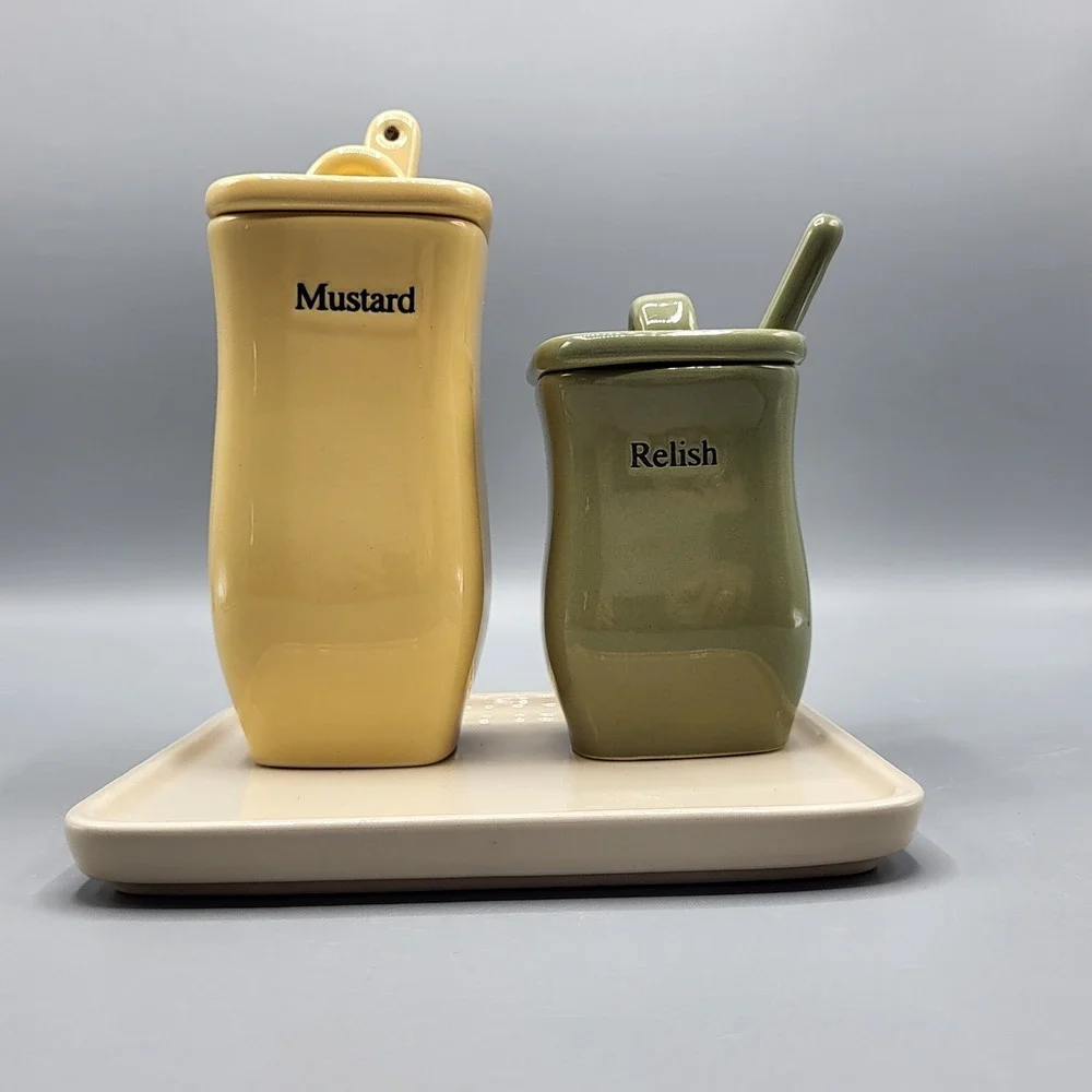 Longaberger Condiment Set Mustard Relish Jars Tray Spoons Ceramic Replacement